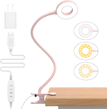 Desk Lamp, [3 Color Modes & 10 Brightness] LED Reading Light with Clamp, Silicone Flexible Arm Book Light for Kids Reading Book in Bed at Night Clip on Table, Headboard, Dorm - 15.8‘’ Pink