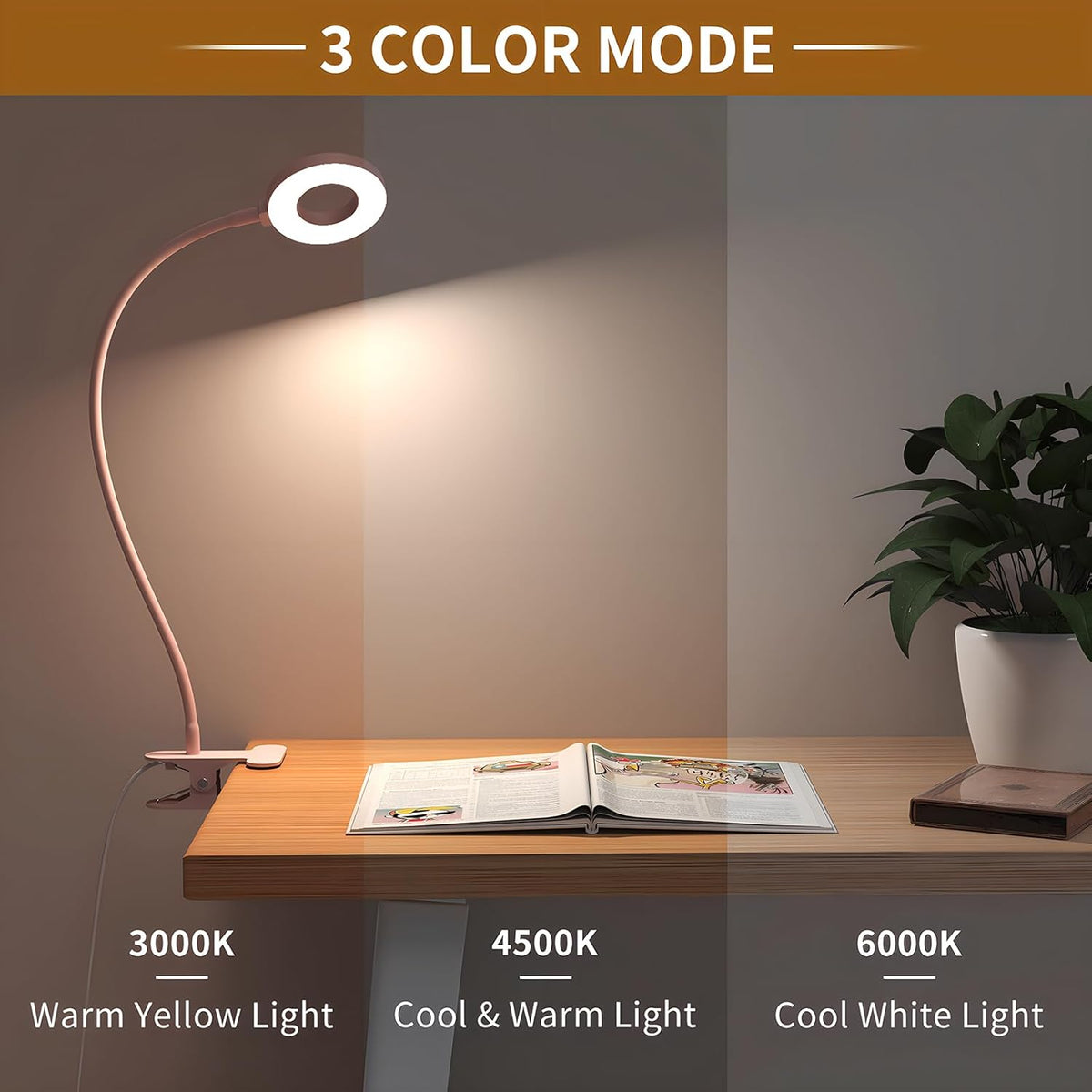 Desk Lamp, [3 Color Modes & 10 Brightness] LED Reading Light with Clamp, Silicone Flexible Arm Book Light for Kids Reading Book in Bed at Night Clip on Table, Headboard, Dorm - 15.8‘’ Pink