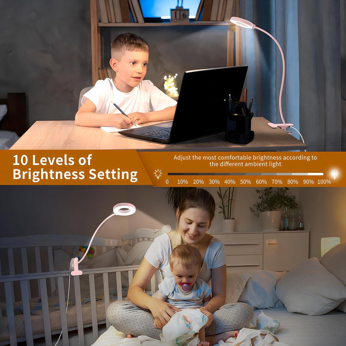 Desk Lamp, [3 Color Modes & 10 Brightness] LED Reading Light with Clamp, Silicone Flexible Arm Book Light for Kids Reading Book in Bed at Night Clip on Table, Headboard, Dorm - 15.8‘’ Pink