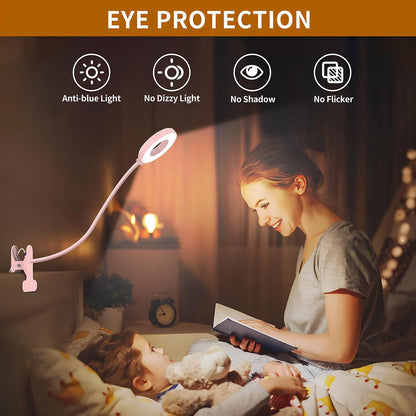 Desk Lamp, [3 Color Modes & 10 Brightness] LED Reading Light with Clamp, Silicone Flexible Arm Book Light for Kids Reading Book in Bed at Night Clip on Table, Headboard, Dorm - 15.8‘’ Pink