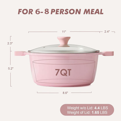Ceramic Nonstick Stock Pot with Lid, 7 Quart, Pink
