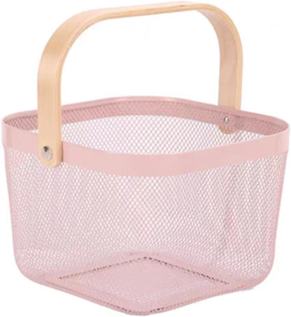 Metal Mesh Wire Basket, Small Steel Basket with Wooden Handle Storage Organizer Basket Multi-functional Hanging Kitchen Baskets Fruit Baskets for Kitchen Bathroom Cabinet Pantry Snacks, Pink