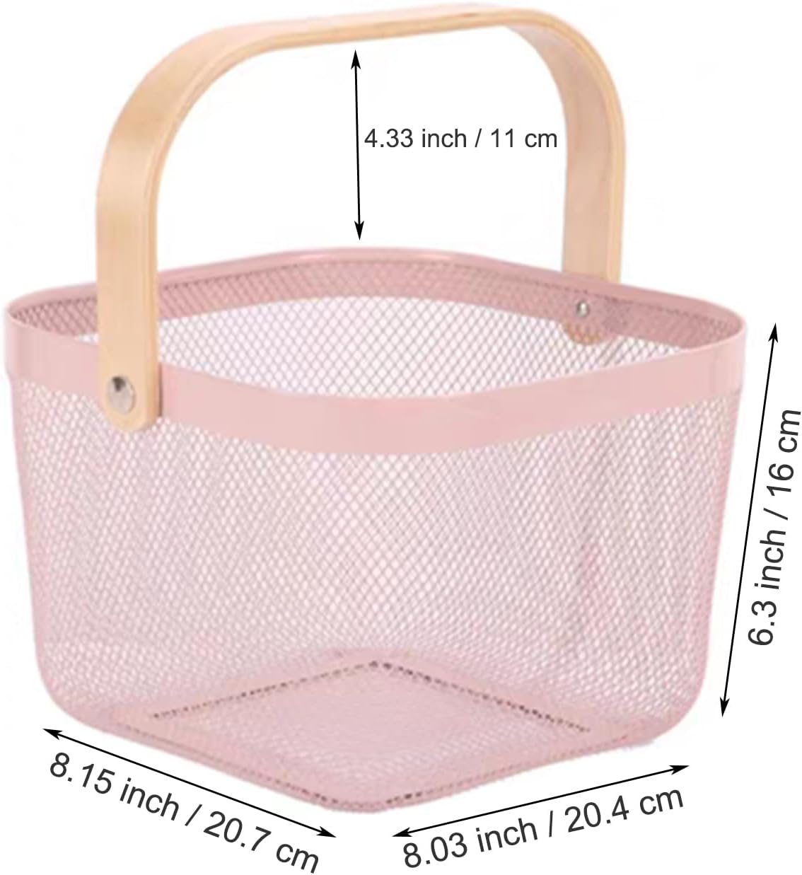 Metal Mesh Wire Basket, Small Steel Basket with Wooden Handle Storage Organizer Basket Multi-functional Hanging Kitchen Baskets Fruit Baskets for Kitchen Bathroom Cabinet Pantry Snacks, Pink