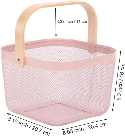 Metal Mesh Wire Basket, Small Steel Basket with Wooden Handle Storage Organizer Basket Multi-functional Hanging Kitchen Baskets Fruit Baskets for Kitchen Bathroom Cabinet Pantry Snacks, Pink