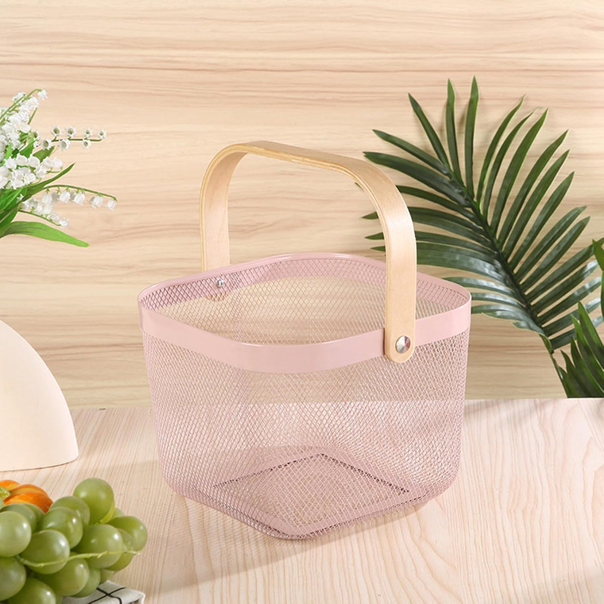 Metal Mesh Wire Basket, Small Steel Basket with Wooden Handle Storage Organizer Basket Multi-functional Hanging Kitchen Baskets Fruit Baskets for Kitchen Bathroom Cabinet Pantry Snacks, Pink
