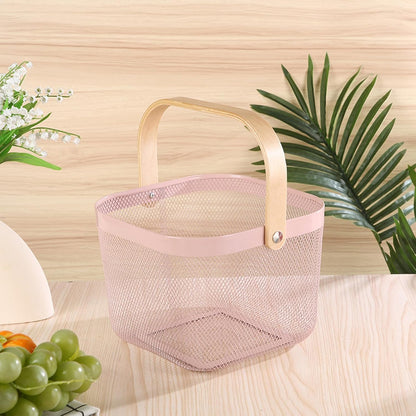 Metal Mesh Wire Basket, Small Steel Basket with Wooden Handle Storage Organizer Basket Multi-functional Hanging Kitchen Baskets Fruit Baskets for Kitchen Bathroom Cabinet Pantry Snacks, Pink