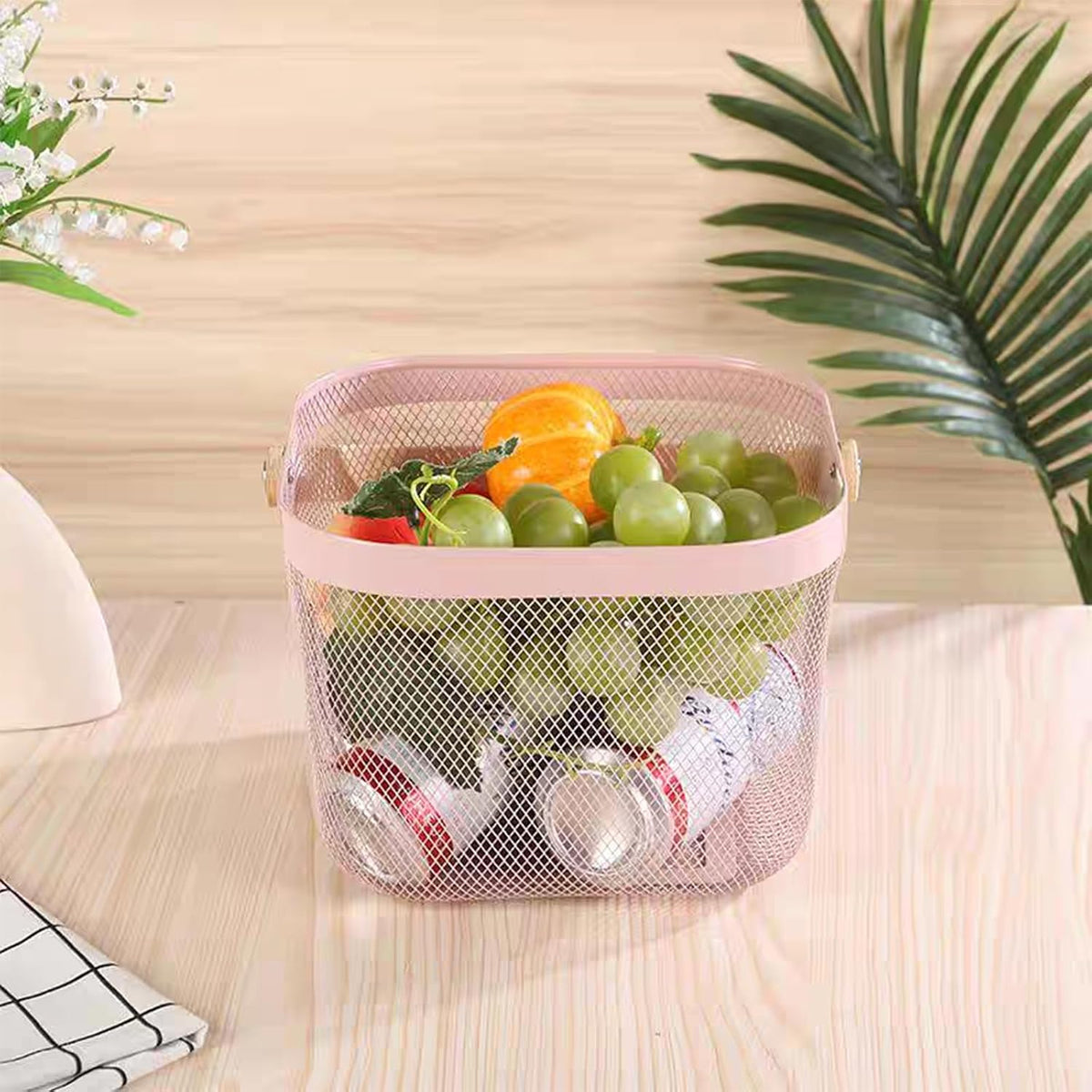 Metal Mesh Wire Basket, Small Steel Basket with Wooden Handle Storage Organizer Basket Multi-functional Hanging Kitchen Baskets Fruit Baskets for Kitchen Bathroom Cabinet Pantry Snacks, Pink