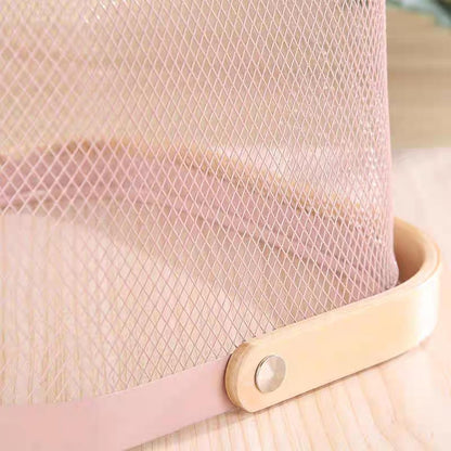 Metal Mesh Wire Basket, Small Steel Basket with Wooden Handle Storage Organizer Basket Multi-functional Hanging Kitchen Baskets Fruit Baskets for Kitchen Bathroom Cabinet Pantry Snacks, Pink