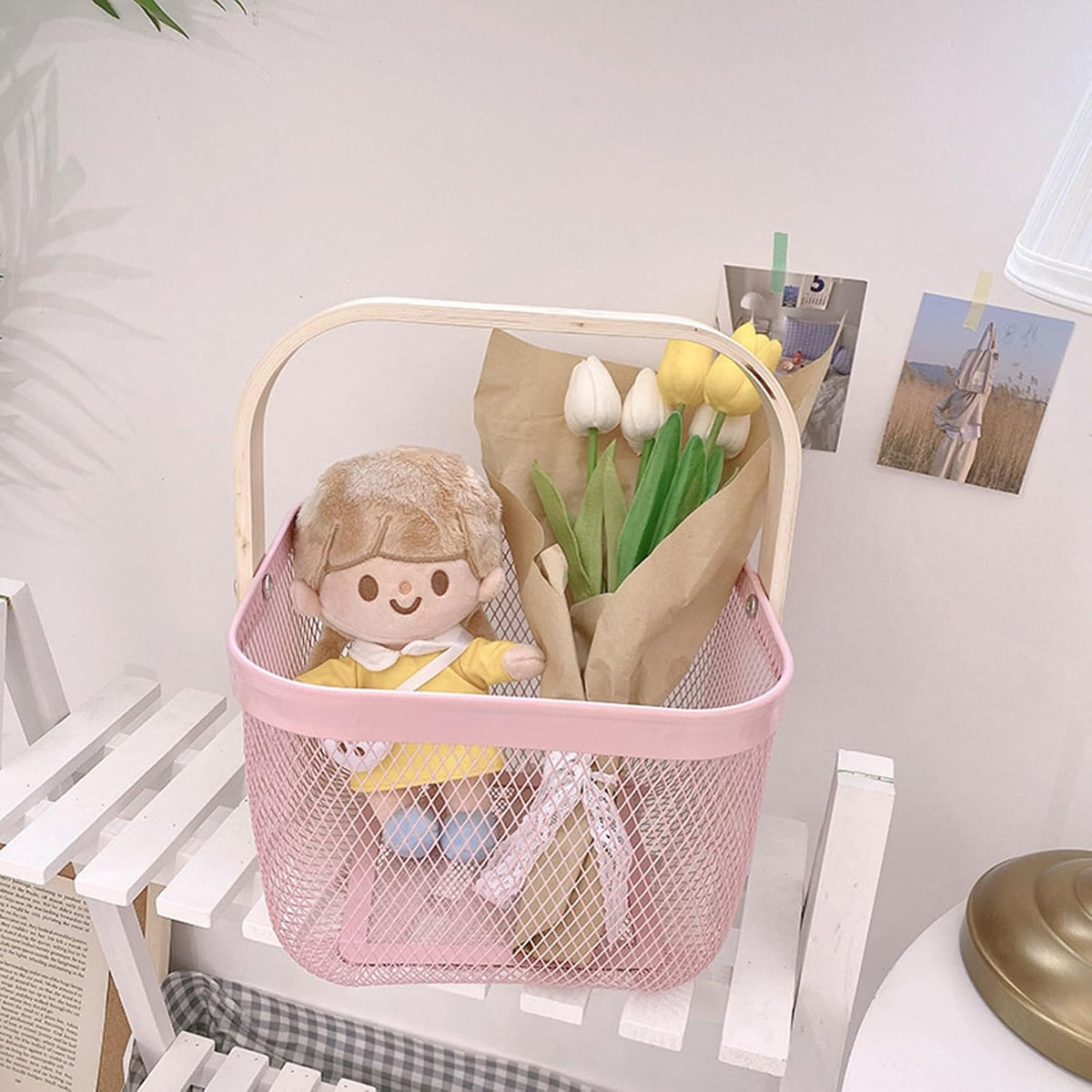 Metal Mesh Wire Basket, Small Steel Basket with Wooden Handle Storage Organizer Basket Multi-functional Hanging Kitchen Baskets Fruit Baskets for Kitchen Bathroom Cabinet Pantry Snacks, Pink