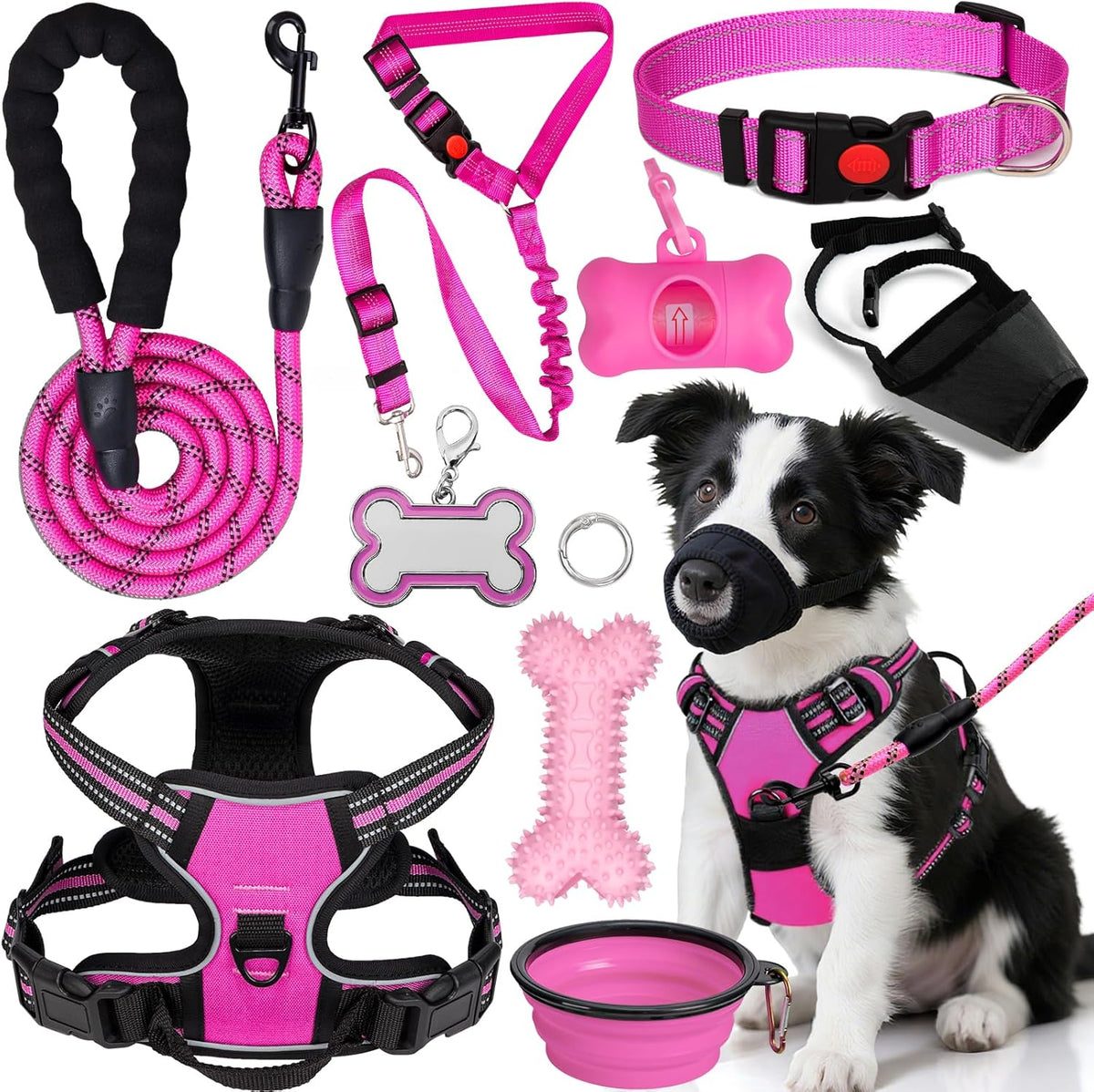 No Pull Dog Harness Adjustable Collar & Leash Set - Dog Halter Harnesses Collapsible Bowls & Poop Bag Dispenser Muzzle ID Tags Toys Fits Small Medium Large Dogs (Pink-M)