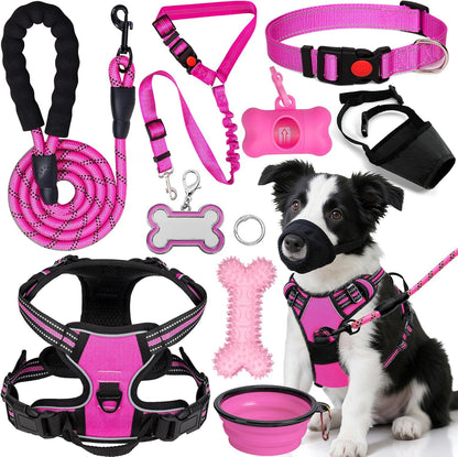No Pull Dog Harness Adjustable Collar & Leash Set - Dog Halter Harnesses Collapsible Bowls & Poop Bag Dispenser Muzzle ID Tags Toys Fits Small Medium Large Dogs (Pink-M)