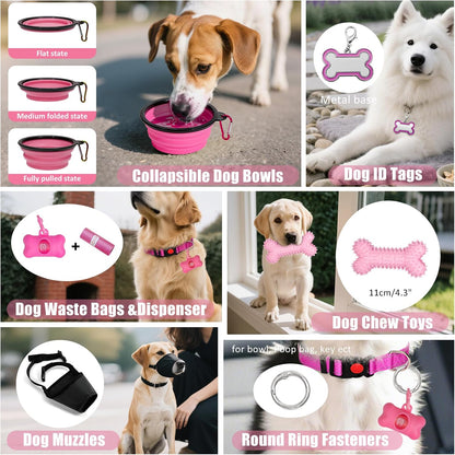 No Pull Dog Harness Adjustable Collar & Leash Set - Dog Halter Harnesses Collapsible Bowls & Poop Bag Dispenser Muzzle ID Tags Toys Fits Small Medium Large Dogs (Pink-M)