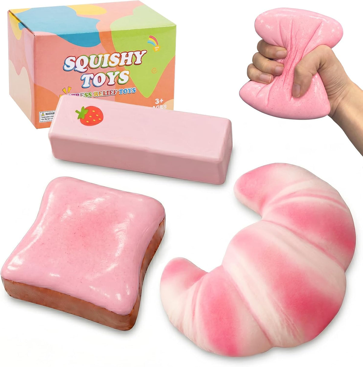 3Pack Squishy Fidget Toys,Large Slow Rising Squeeze Toys for Kids,Cheese Squishy Stress Relief Toys,Kawaii Pink Soft Squishy,Sensory Squeeze Toys for Birthday Gifts Party Favors
