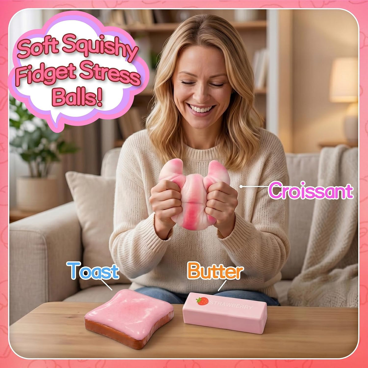 3Pack Squishy Fidget Toys,Large Slow Rising Squeeze Toys for Kids,Cheese Squishy Stress Relief Toys,Kawaii Pink Soft Squishy,Sensory Squeeze Toys for Birthday Gifts Party Favors