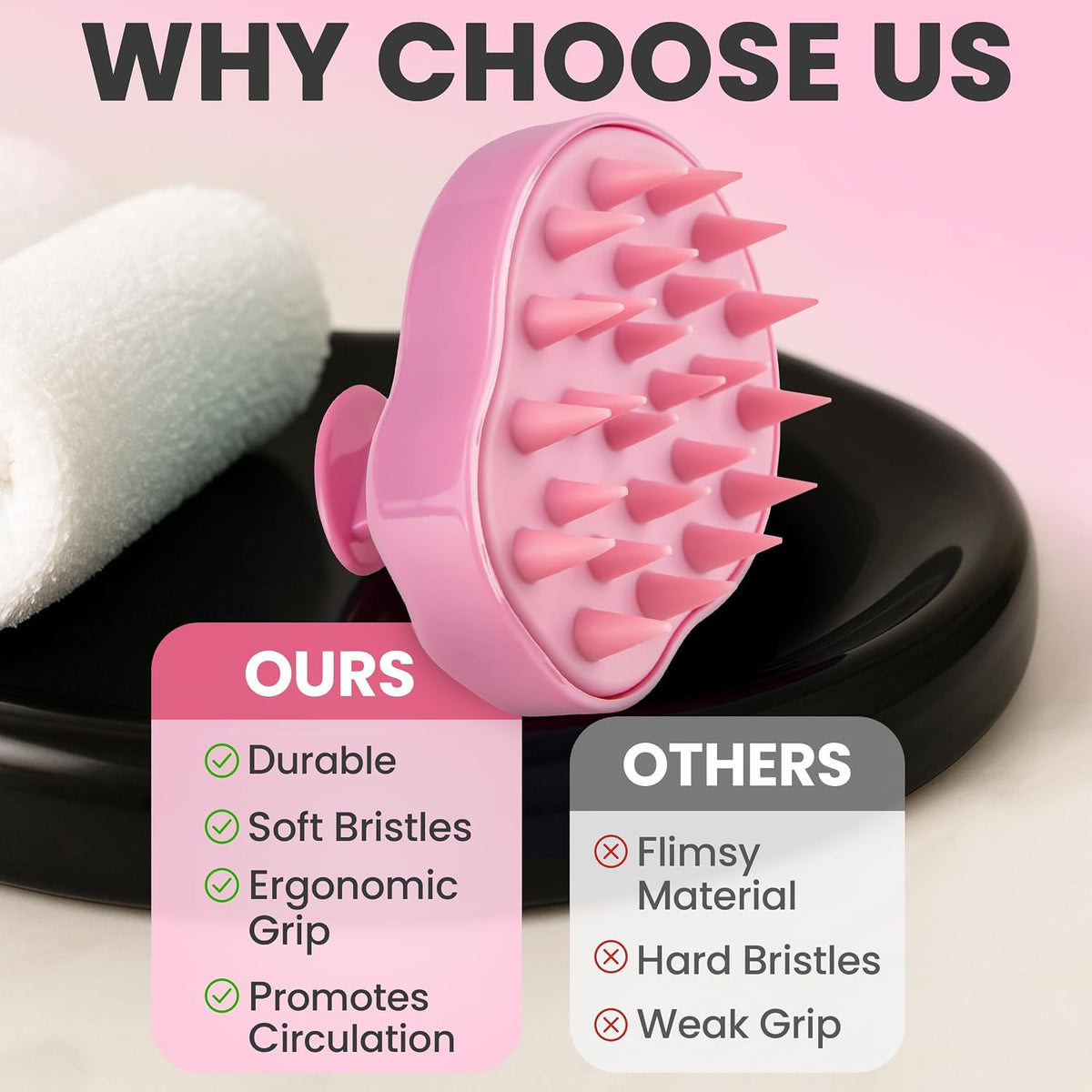 Scalp Massager Hair Growth – Exfoliator & Hair Scrubber for Scalp, Soft Bristles for Dandruff & Soothing Comfort, Shampoo Brush, Wet & Dry Use, Pink