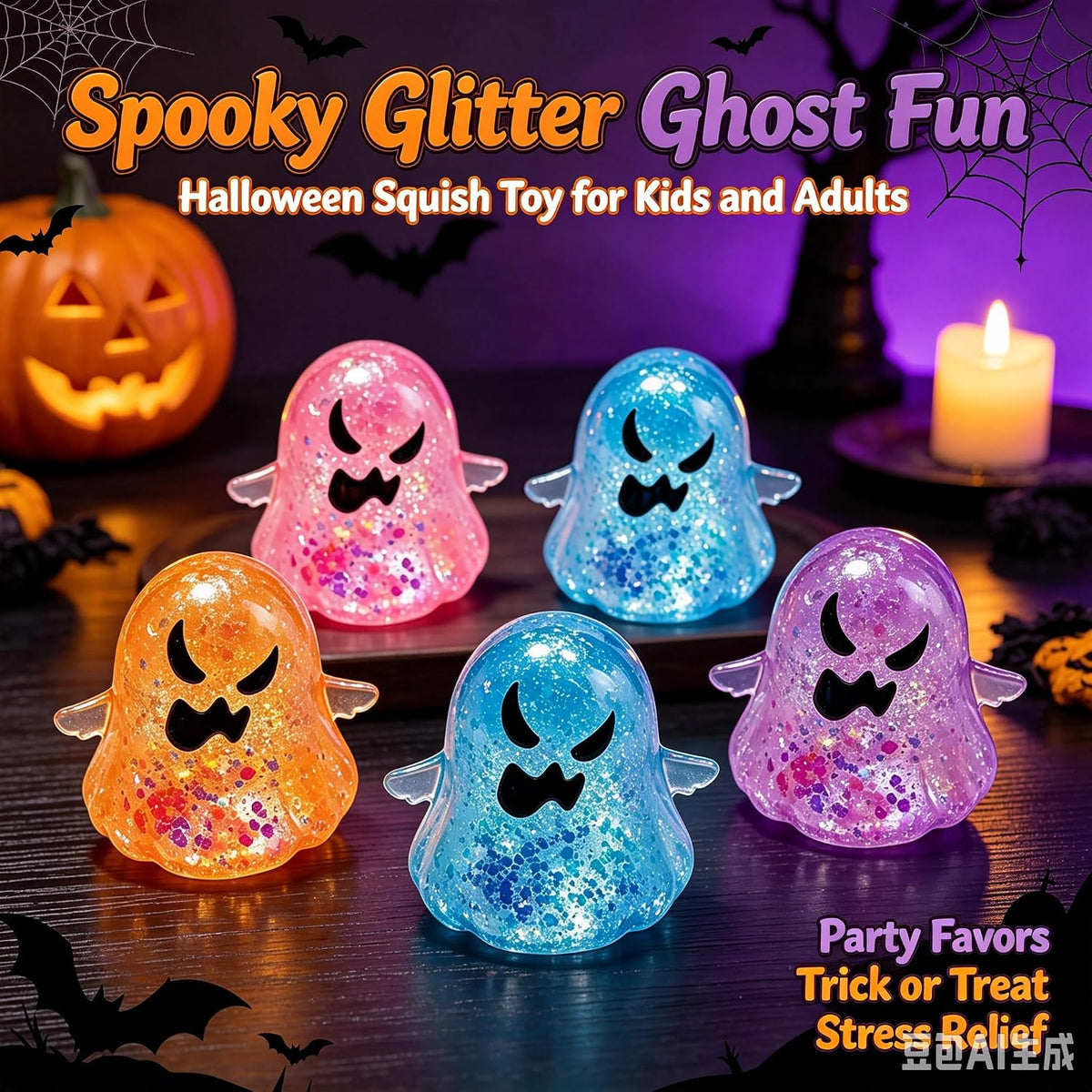Halloween Glitter Ghost Squishy Toy, Cute Squeeze Fidget Toy, Stress Relief Ghost Figurine, Halloween Party Favors, Goodie Bag Fillers, Holiday Gift for Kids