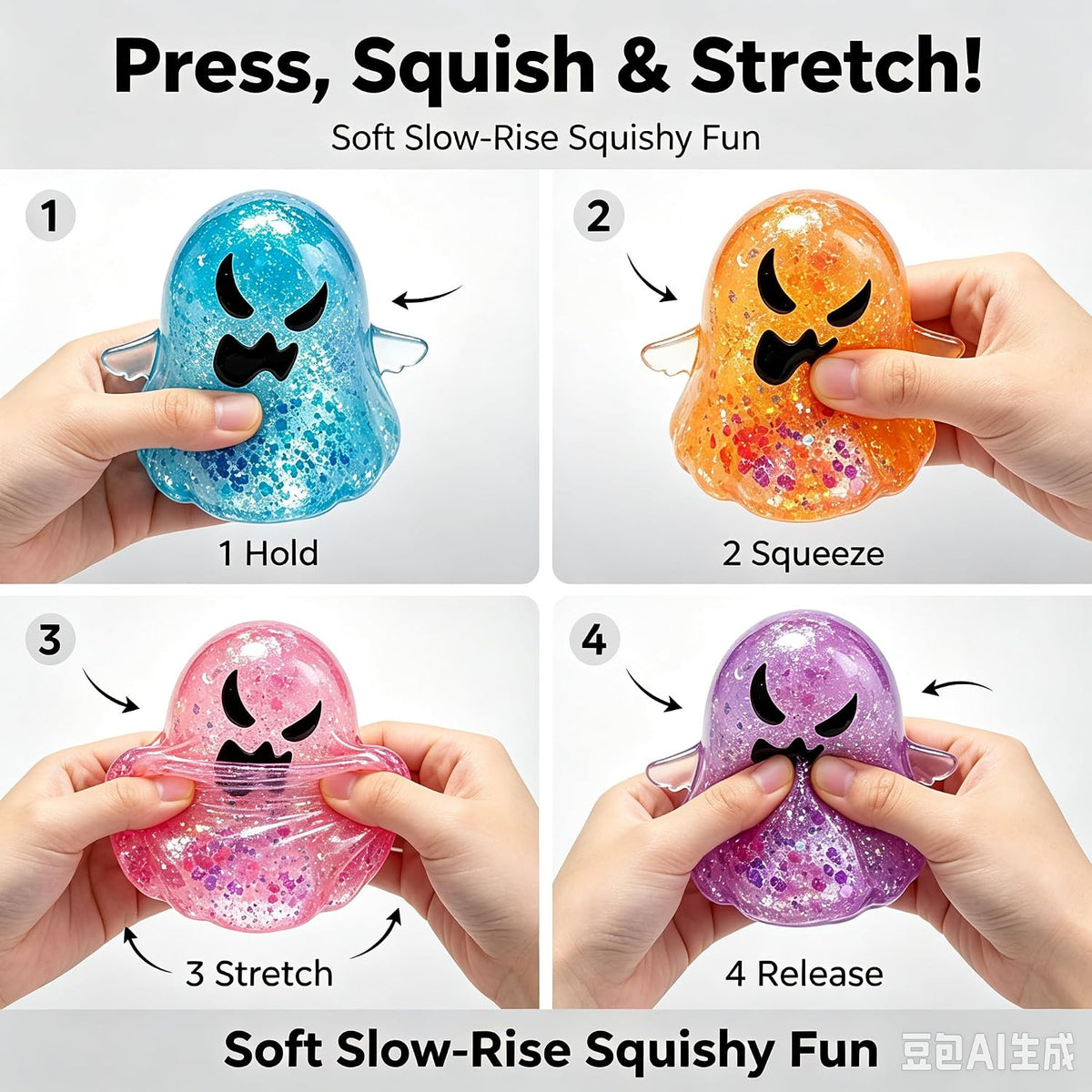 Halloween Glitter Ghost Squishy Toy, Cute Squeeze Fidget Toy, Stress Relief Ghost Figurine, Halloween Party Favors, Goodie Bag Fillers, Holiday Gift for Kids
