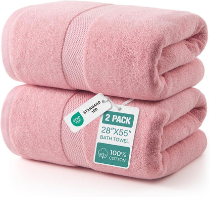 2 Pack 100% Cotton Bath Towels, 28 x 55 Inches, Soft
