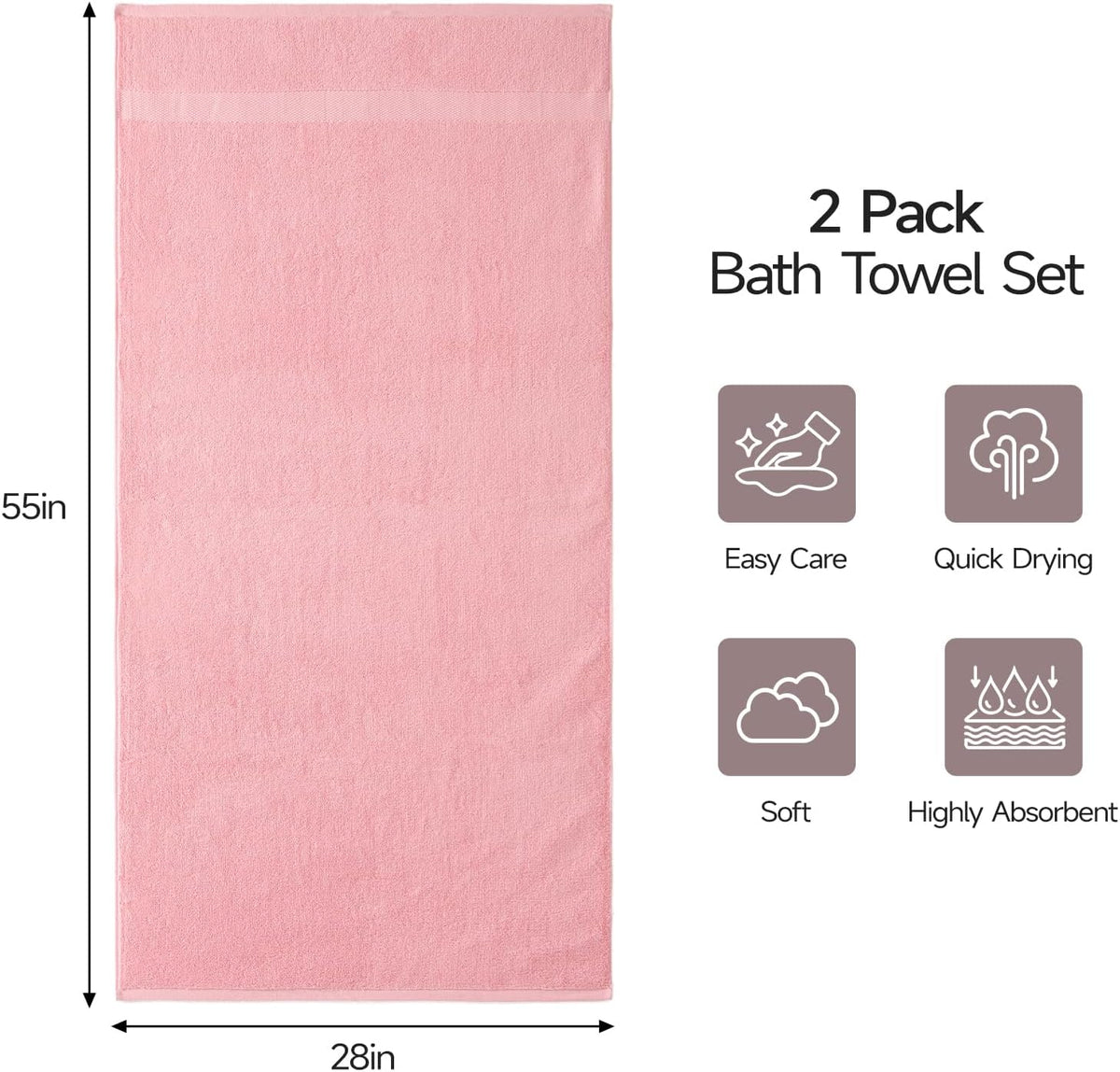 2 Pack 100% Cotton Bath Towels, 28 x 55 Inches, Soft