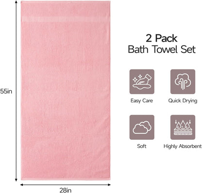 2 Pack 100% Cotton Bath Towels, 28 x 55 Inches, Soft