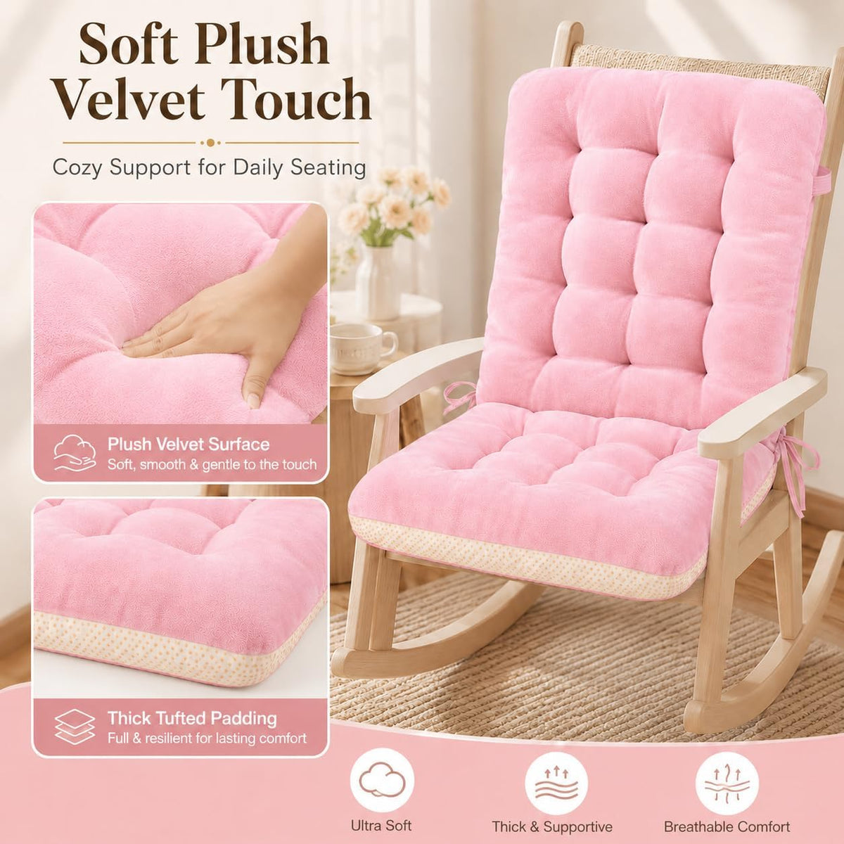 Rocking Chair Cushions Outdoor Indoor - Pink Patio Rocker Glider Seat Pad