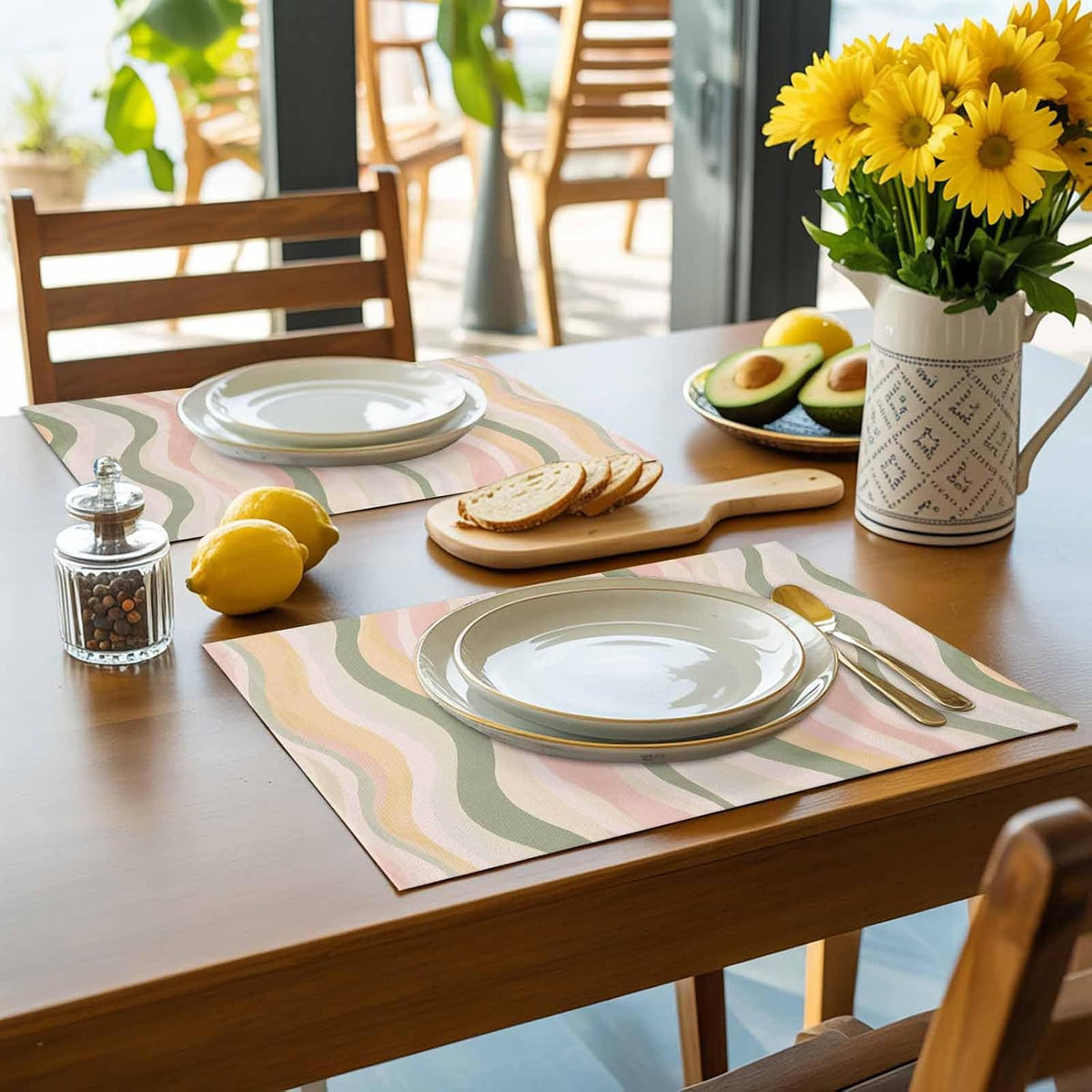Placemats Light Green Pink Stripes Table Mats Set of 4, Washable Heat Tolerant Low Saturation Colorful Pattern Placemats for Indoor Kitchen Dining, Outdoor Party Dinner,13x19IN