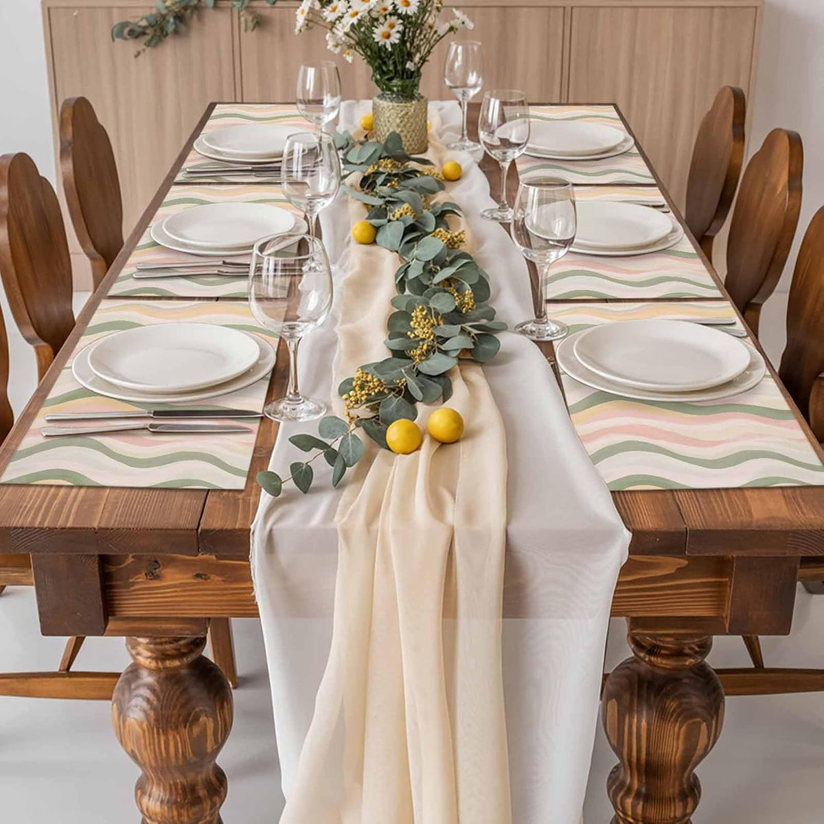 Placemats Light Green Pink Stripes Table Mats Set of 4, Washable Heat Tolerant Low Saturation Colorful Pattern Placemats for Indoor Kitchen Dining, Outdoor Party Dinner,13x19IN