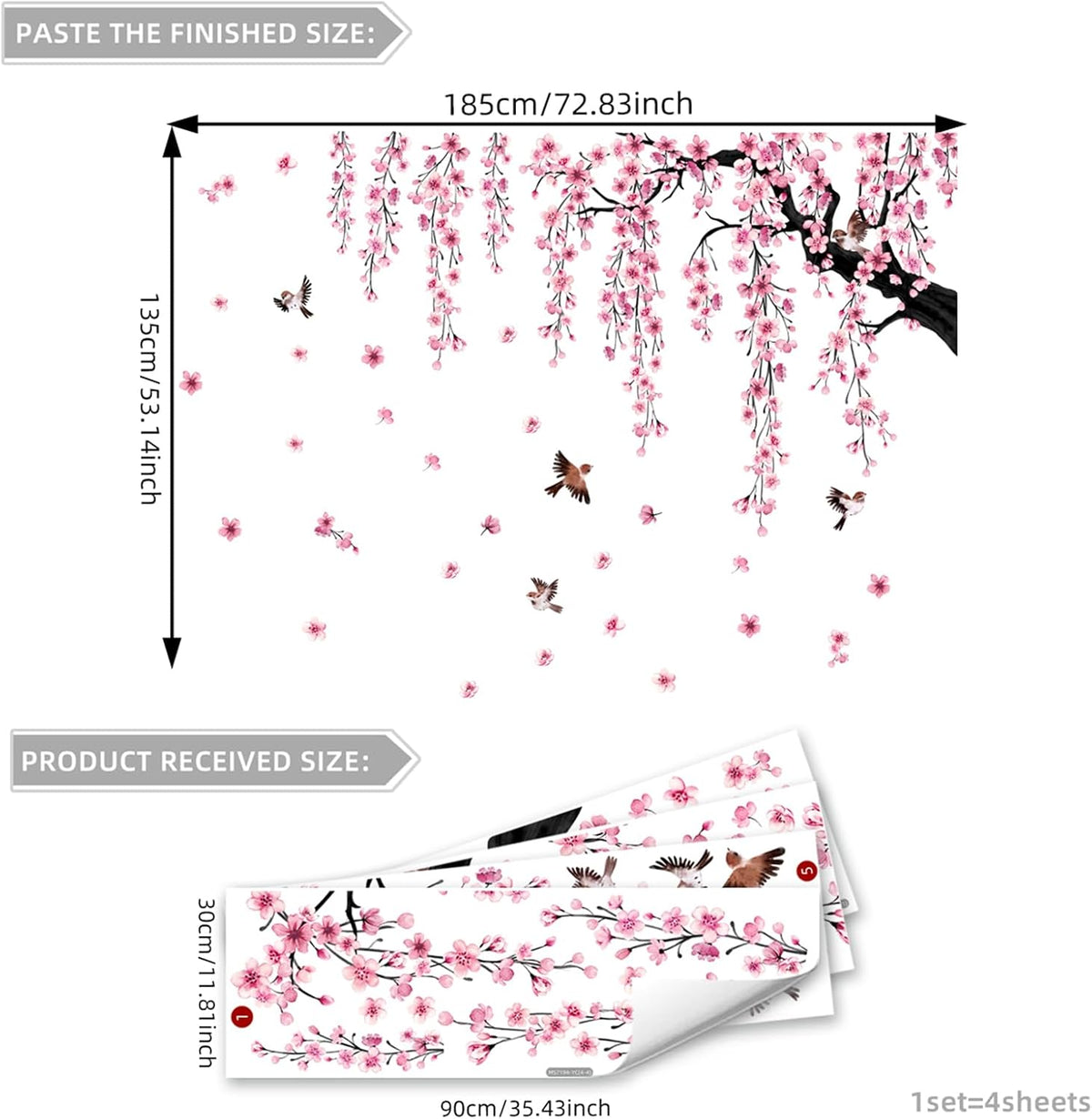 Lilac Wall Decoration 4 Sheets Large Cherry Blossom Tree Wall Stickers