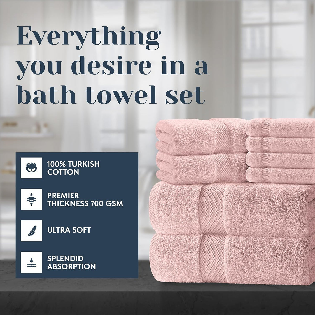 Luxury Bath Towel Set of 8 Pieces - 100% Turkish Cotton Highly Absorbent Towels for Bathroom, 2 Luxury Bath Towels 700GSM, 2 Hand Towels, 4 Washcloths, Pink