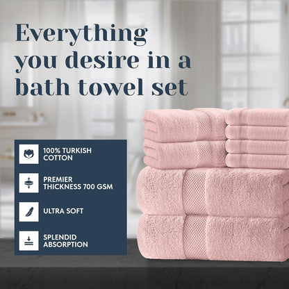 Luxury Bath Towel Set of 8 Pieces - 100% Turkish Cotton Highly Absorbent Towels for Bathroom, 2 Luxury Bath Towels 700GSM, 2 Hand Towels, 4 Washcloths, Pink