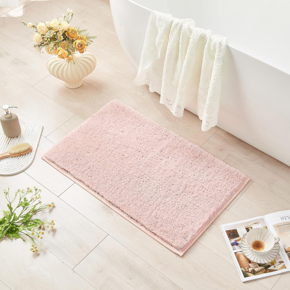Dusty Pink Shaggy Bath Mat 32"x20" Non Slip Washable Rug