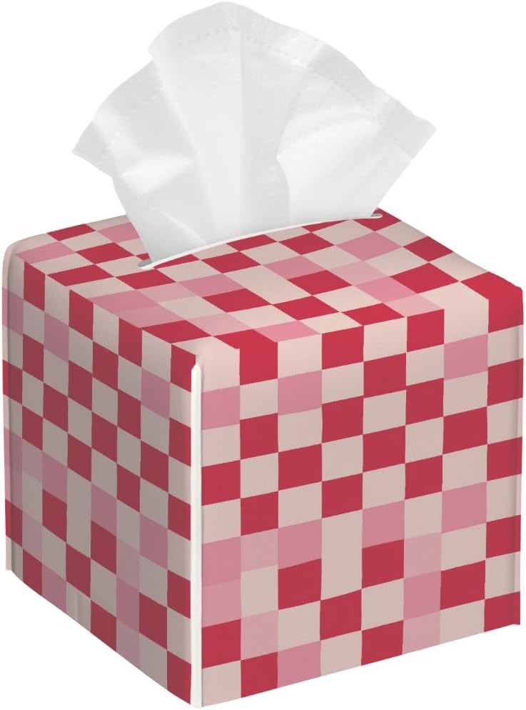 Beige Pink Checkerboard Pattern Tissue Box Cover Leather Tissue Box Case Holder Decorative Facial Paper Organizer for Car Bathroom Tabletop