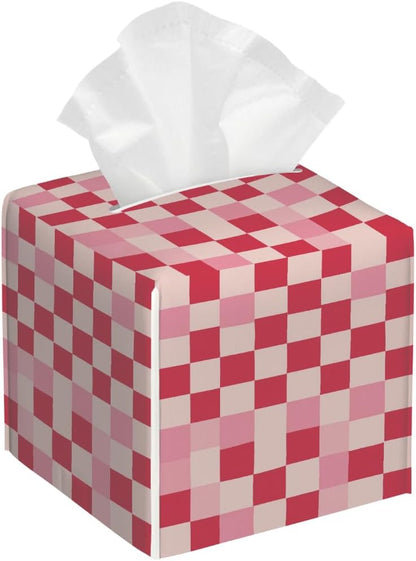 Beige Pink Checkerboard Pattern Tissue Box Cover Leather Tissue Box Case Holder Decorative Facial Paper Organizer for Car Bathroom Tabletop