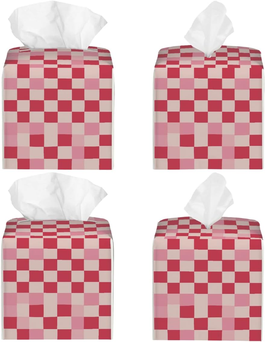 Beige Pink Checkerboard Pattern Tissue Box Cover Leather Tissue Box Case Holder Decorative Facial Paper Organizer for Car Bathroom Tabletop