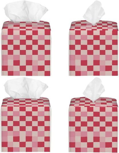 Beige Pink Checkerboard Pattern Tissue Box Cover Leather Tissue Box Case Holder Decorative Facial Paper Organizer for Car Bathroom Tabletop