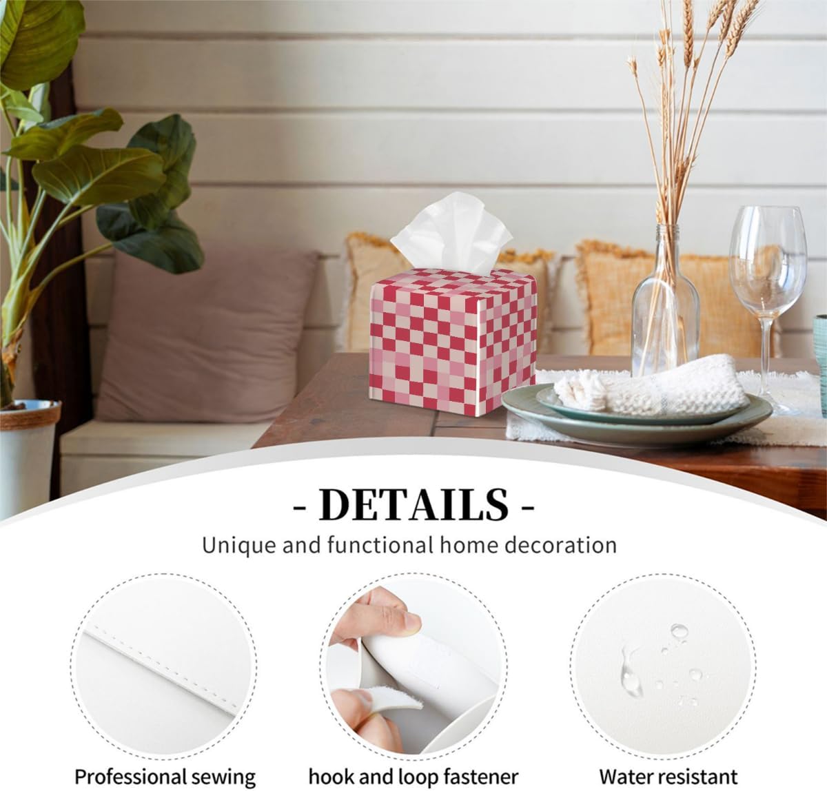 Beige Pink Checkerboard Pattern Tissue Box Cover Leather Tissue Box Case Holder Decorative Facial Paper Organizer for Car Bathroom Tabletop