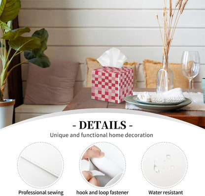 Beige Pink Checkerboard Pattern Tissue Box Cover Leather Tissue Box Case Holder Decorative Facial Paper Organizer for Car Bathroom Tabletop