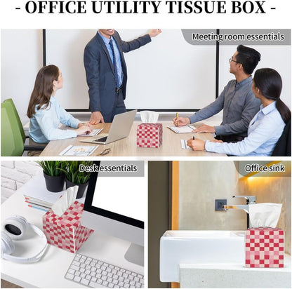 Beige Pink Checkerboard Pattern Tissue Box Cover Leather Tissue Box Case Holder Decorative Facial Paper Organizer for Car Bathroom Tabletop