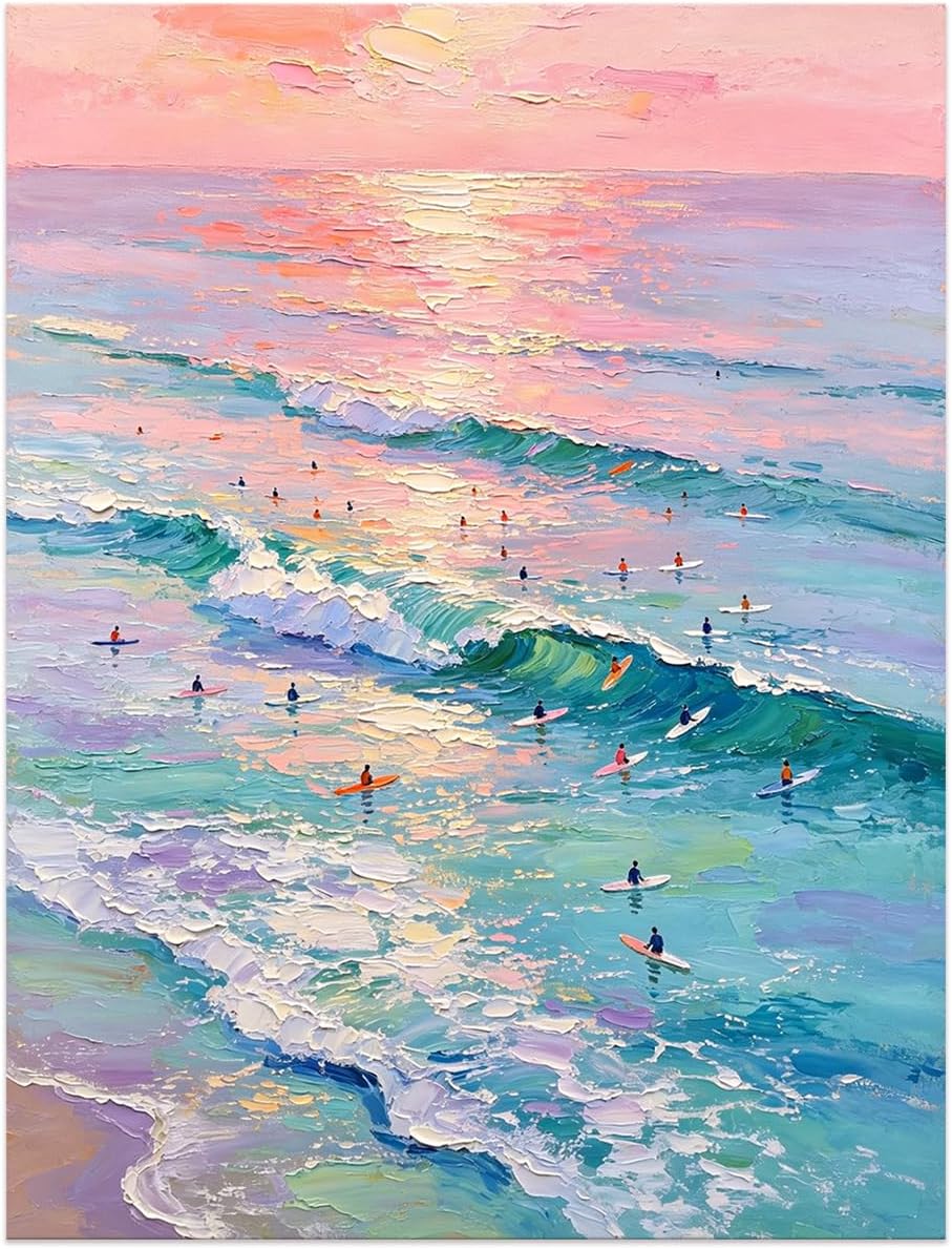 Pastel Surf Sunset Wall Art Pink Purple Ocean Canvas Print Coastal Wave Artwork for Bedroom Living Room Beach Decor 11x14in Unframed
