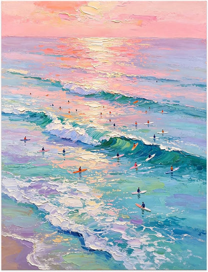 Pastel Surf Sunset Wall Art Pink Purple Ocean Canvas Print Coastal Wave Artwork for Bedroom Living Room Beach Decor 11x14in Unframed