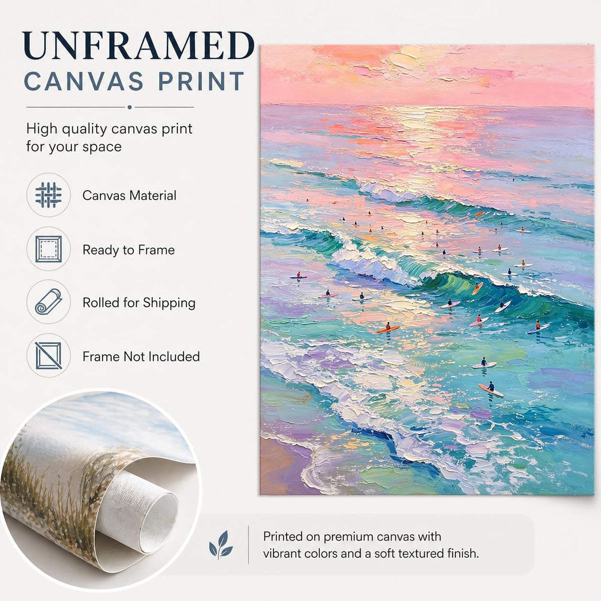 Pastel Surf Sunset Wall Art Pink Purple Ocean Canvas Print Coastal Wave Artwork for Bedroom Living Room Beach Decor 11x14in Unframed