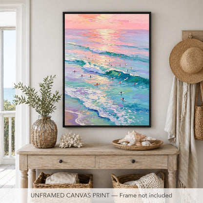Pastel Surf Sunset Wall Art Pink Purple Ocean Canvas Print Coastal Wave Artwork for Bedroom Living Room Beach Decor 11x14in Unframed