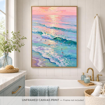Pastel Surf Sunset Wall Art Pink Purple Ocean Canvas Print Coastal Wave Artwork for Bedroom Living Room Beach Decor 11x14in Unframed