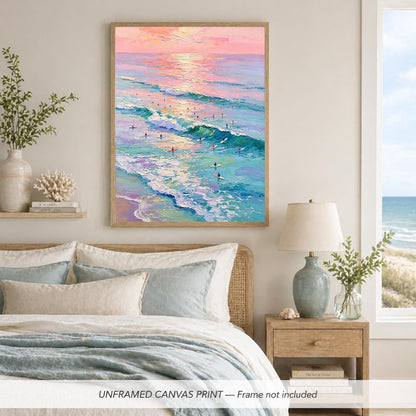 Pastel Surf Sunset Wall Art Pink Purple Ocean Canvas Print Coastal Wave Artwork for Bedroom Living Room Beach Decor 11x14in Unframed