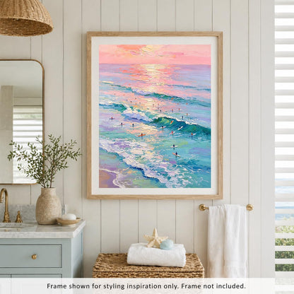 Pastel Surf Sunset Wall Art Pink Purple Ocean Canvas Print Coastal Wave Artwork for Bedroom Living Room Beach Decor 11x14in Unframed