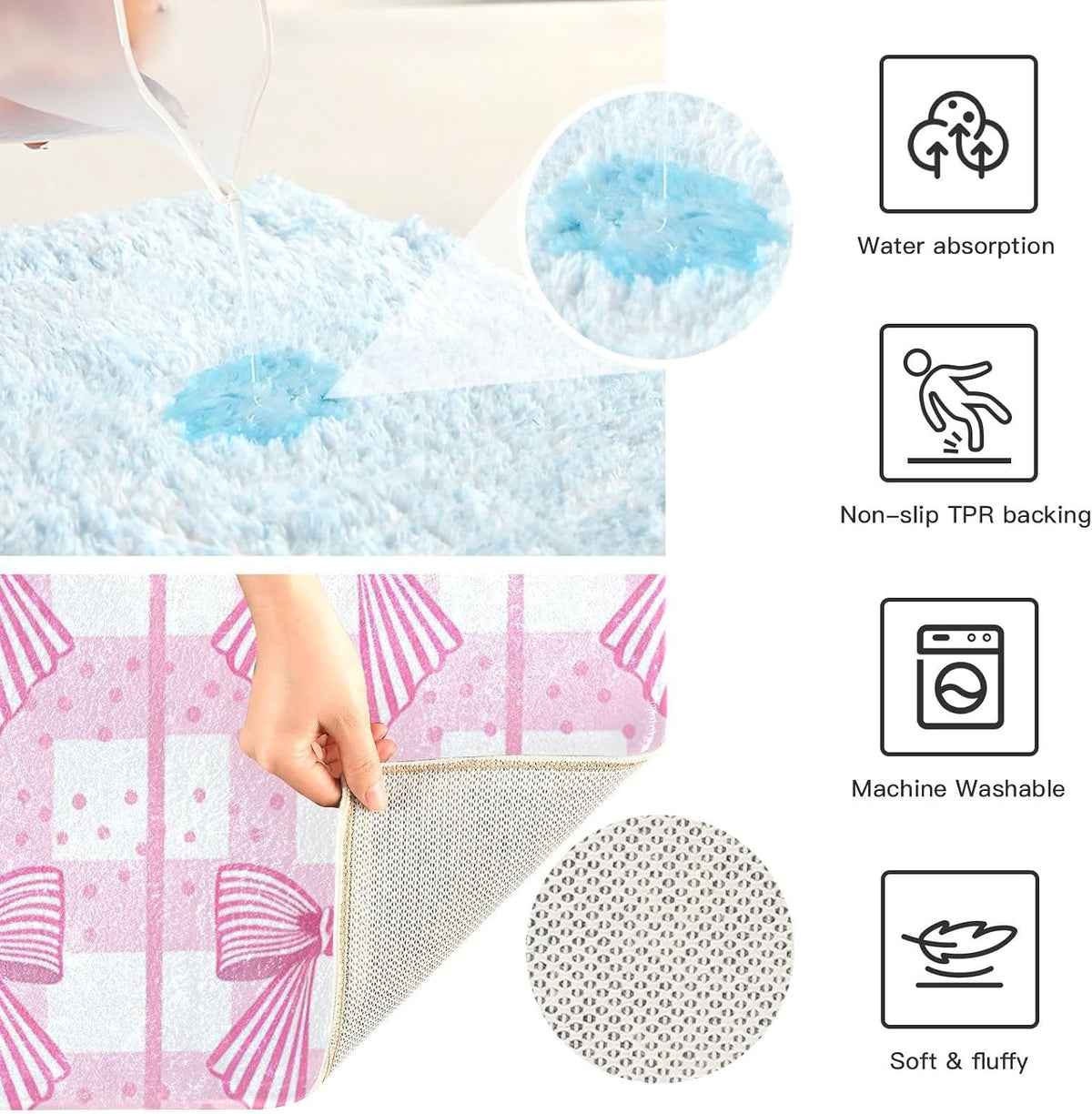 Pink Striped Bows Bathroom Rug, Non Slip Dry Quickly Bath Mat, Absorbent Soft Bath Rug, Home Decor Accessories, 24"x16"