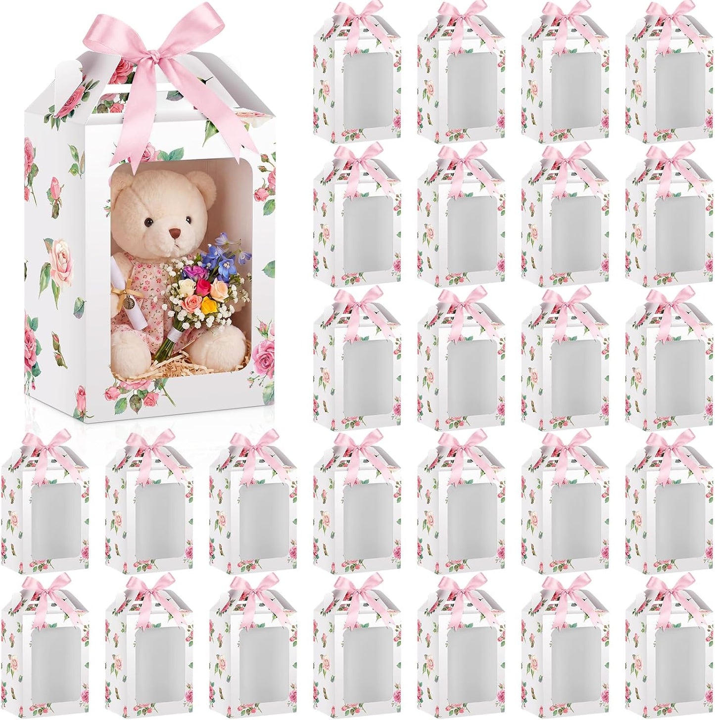 Eaasty 24 Pcs Pink Floral Gift Boxes with Clear Window 9.8 x 7 x 5.1 Inch Bridal Shower Party Favor Boxes with Handle Pink Satin Ribbon for Wedding, Baby Shower, Birthday Party Favors
