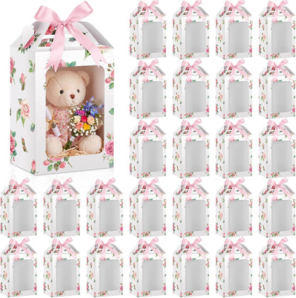 Eaasty 24 Pcs Pink Floral Gift Boxes with Clear Window 9.8 x 7 x 5.1 Inch Bridal Shower Party Favor Boxes with Handle Pink Satin Ribbon for Wedding, Baby Shower, Birthday Party Favors