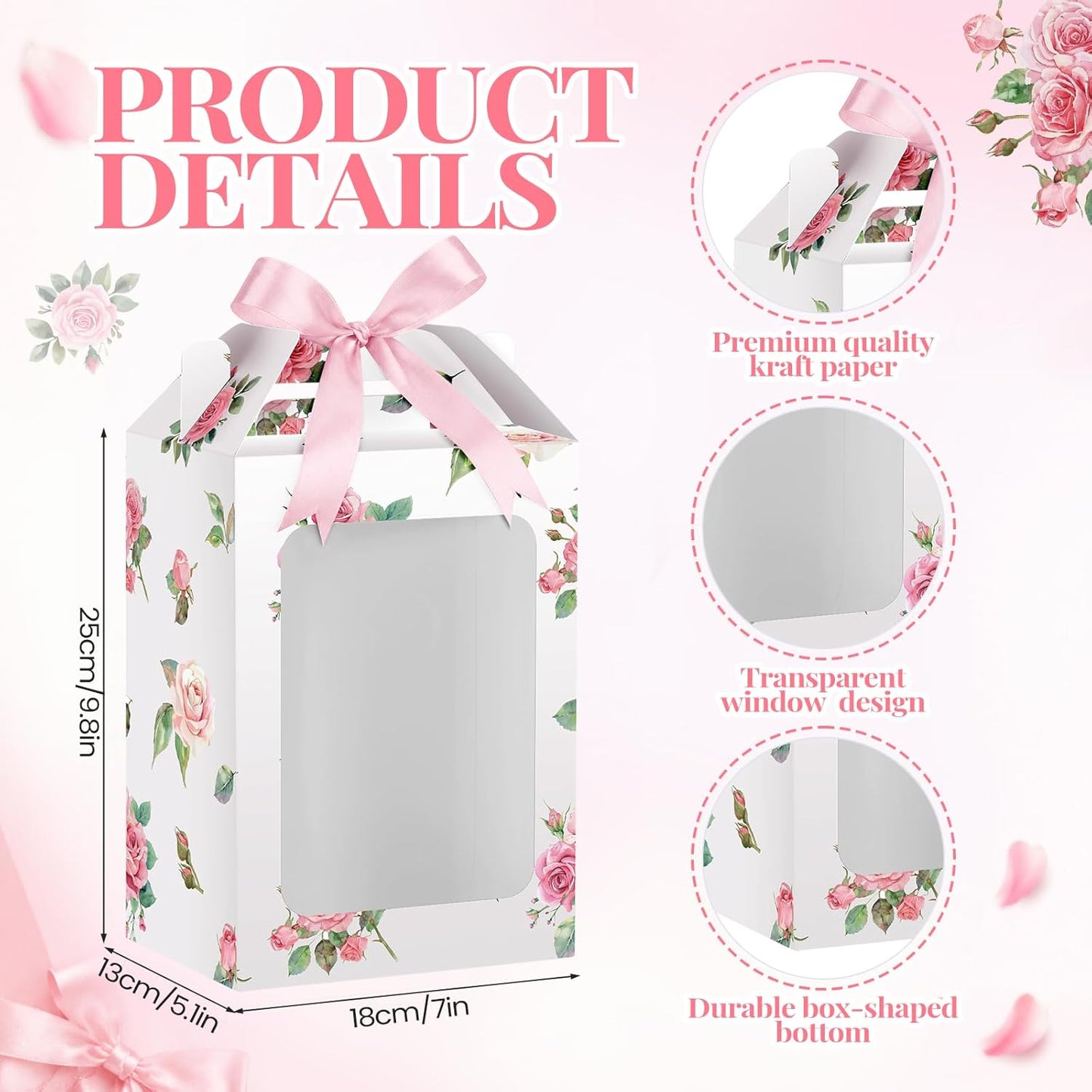Eaasty 24 Pcs Pink Floral Gift Boxes with Clear Window 9.8 x 7 x 5.1 Inch Bridal Shower Party Favor Boxes with Handle Pink Satin Ribbon for Wedding, Baby Shower, Birthday Party Favors