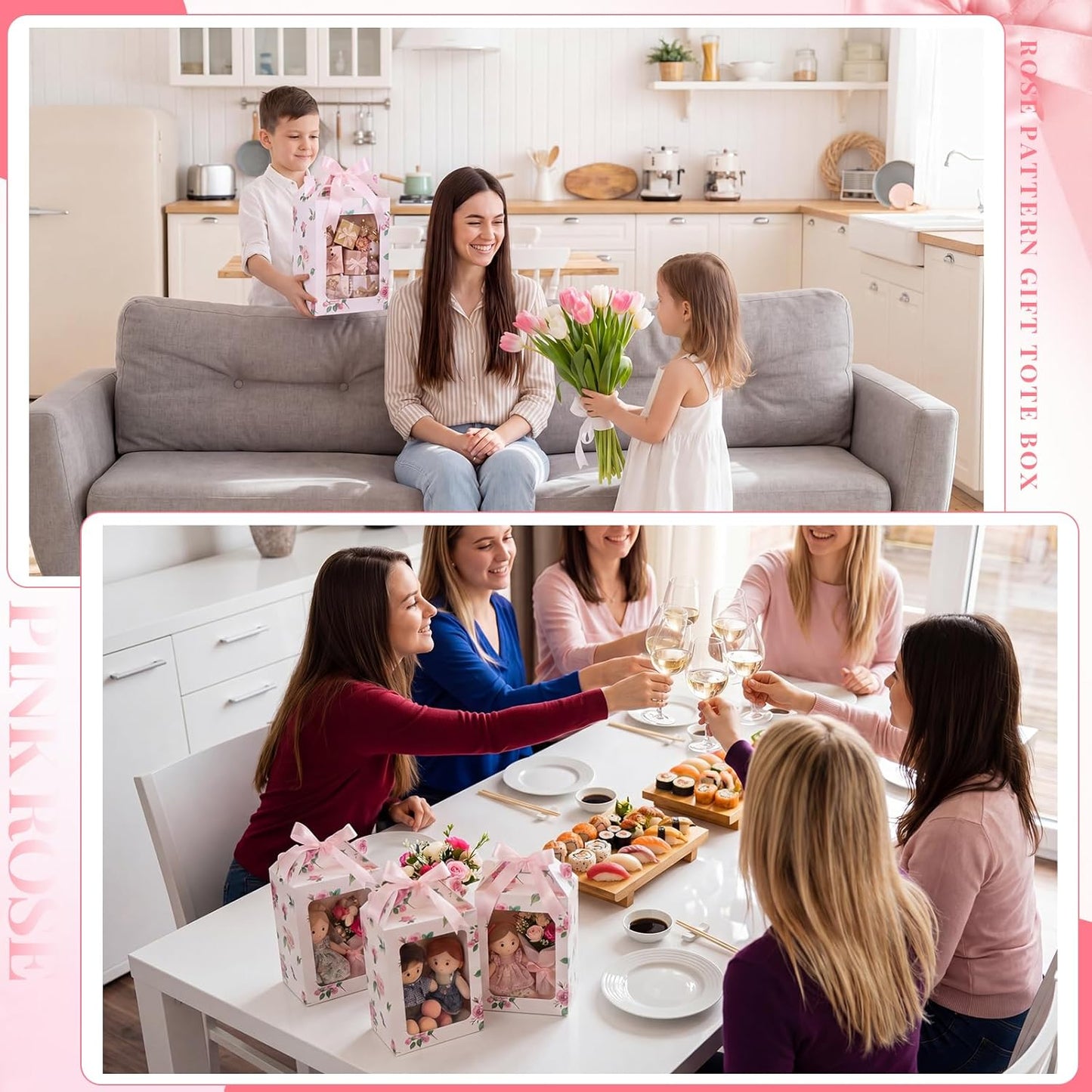 Eaasty 24 Pcs Pink Floral Gift Boxes with Clear Window 9.8 x 7 x 5.1 Inch Bridal Shower Party Favor Boxes with Handle Pink Satin Ribbon for Wedding, Baby Shower, Birthday Party Favors